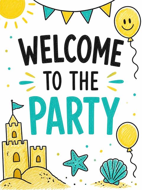 Welcome sign in the Crayon Beach Sandcastle 8th Birthday design