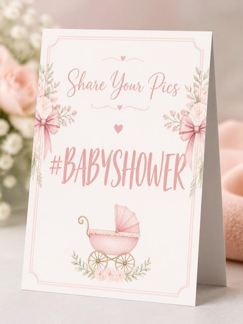 Hashtag card in the Blush Rose Carriage Baby Shower design