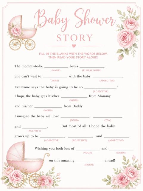 Mad libs in the Blush Rose Carriage Baby Shower design