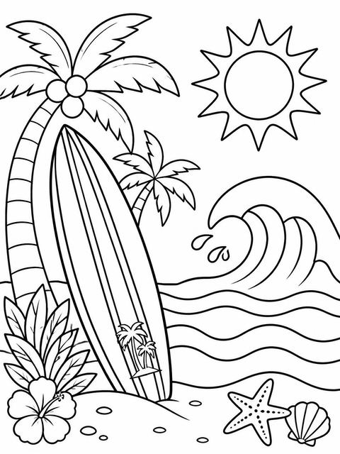 Coloring sheet in the Surfboard Ocean Wave Beach Party design