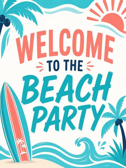 Welcome sign in the Surfboard Ocean Wave Beach Party design