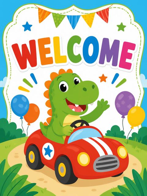 Welcome sign in the Dinosaur Road Trip 3rd Birthday Invitation design