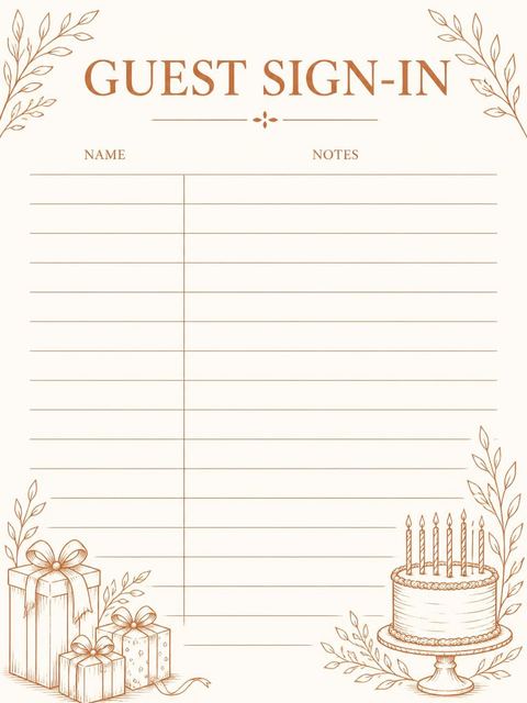 Guest sign-in sheet in the Orange Ink Cake 60th Birthday Celebration design