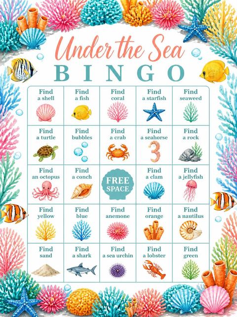 Bingo grid in the Watercolor Coral Reef 3rd Birthday design