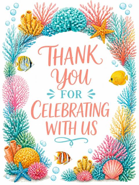 Thank-you flat in the Watercolor Coral Reef 3rd Birthday design