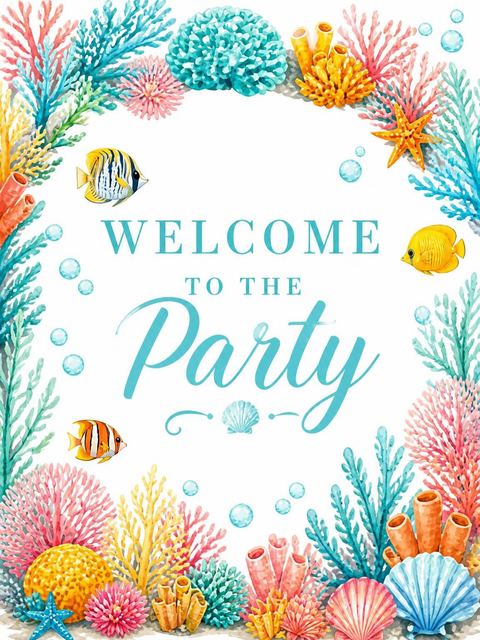 Welcome sign in the Watercolor Coral Reef 3rd Birthday design