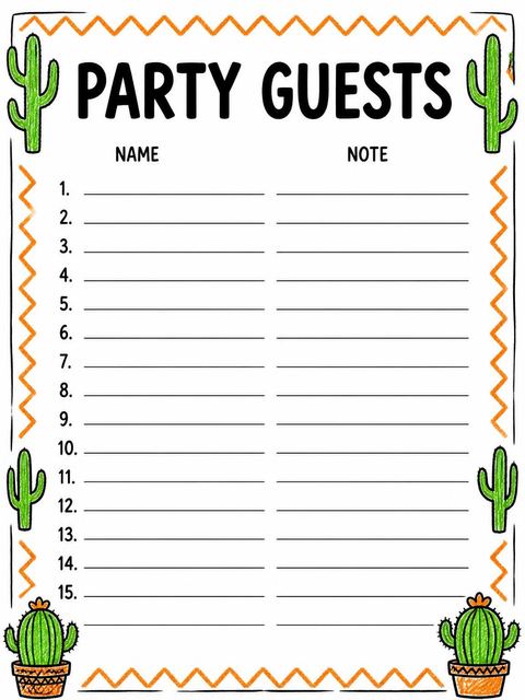 Guest sign-in sheet in the Crayon Cactus 10th Birthday Invitation design