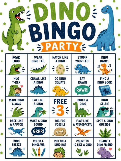 Bingo grid in the Roaring T-Rex Third Birthday design