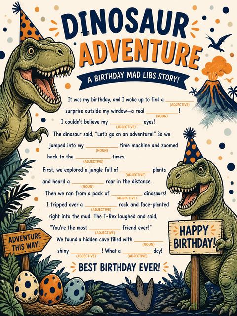Mad libs in the Roaring T-Rex Third Birthday design