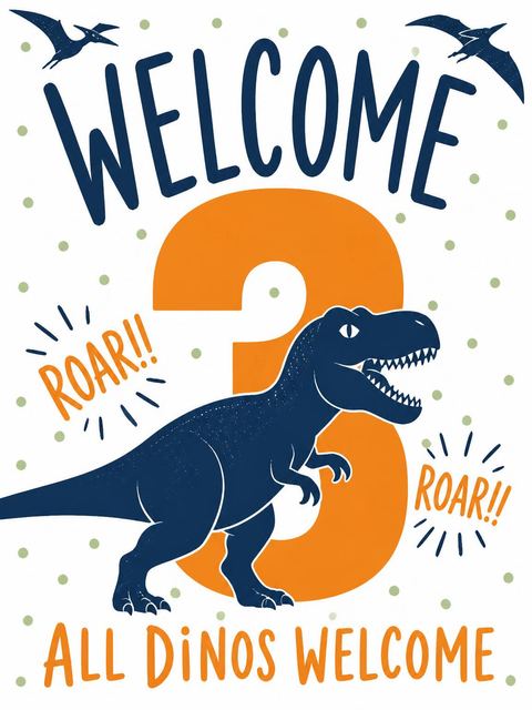 Welcome sign in the Roaring T-Rex Third Birthday design