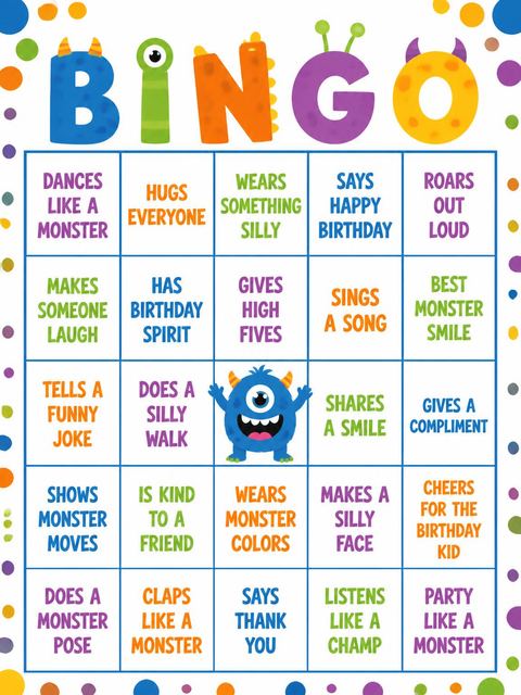 Bingo grid in the Grinning Blue Monster First Birthday design