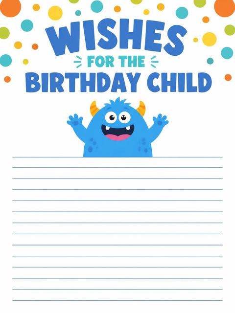 Wishes page in the Grinning Blue Monster First Birthday design