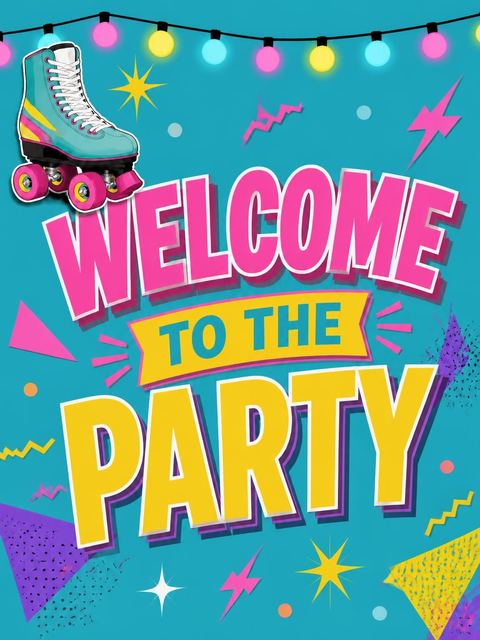 Welcome sign in the 80s Teal Roller Disco 16th Birthday design