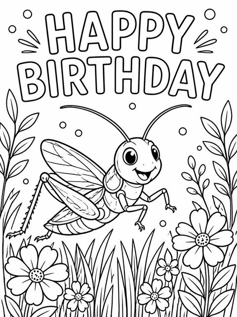 Coloring sheet in the Watercolor Grasshopper Garden 5th Birthday design