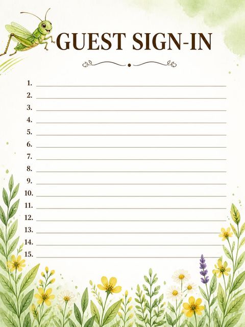 Guest sign-in sheet in the Watercolor Grasshopper Garden 5th Birthday design
