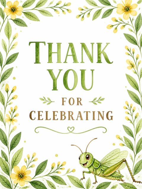 Thank-you flat in the Watercolor Grasshopper Garden 5th Birthday design