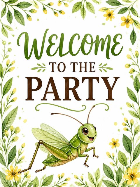Welcome sign in the Watercolor Grasshopper Garden 5th Birthday design