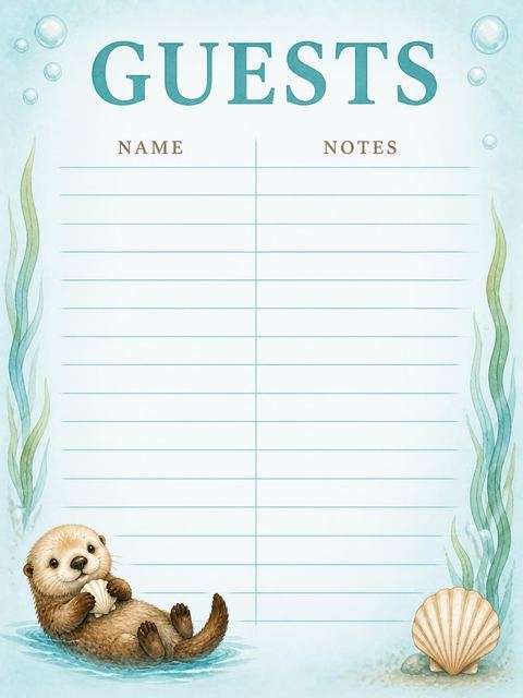 Guest sign-in sheet in the Watercolor Sea Otter 1st Birthday design