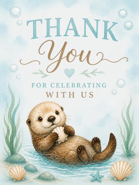 Thank-you flat in the Watercolor Sea Otter 1st Birthday design