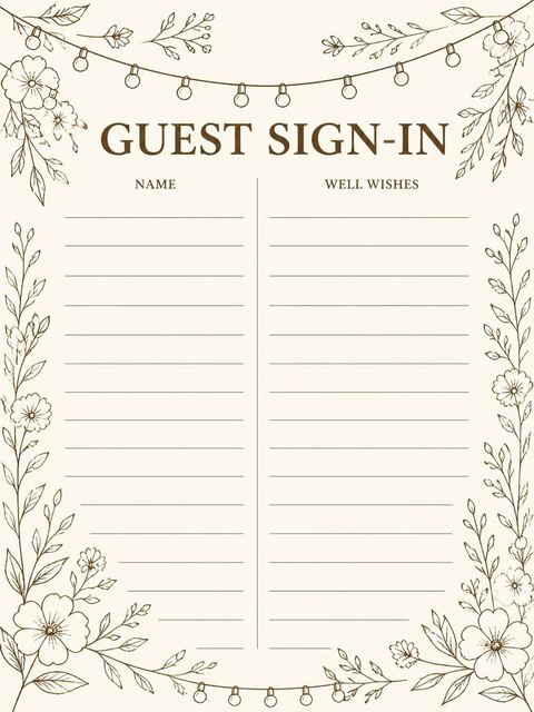 Guest sign-in sheet in the Cream Botanical String Light 55th Birthday design