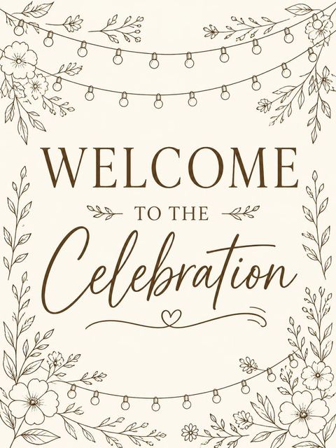 Welcome sign in the Cream Botanical String Light 55th Birthday design