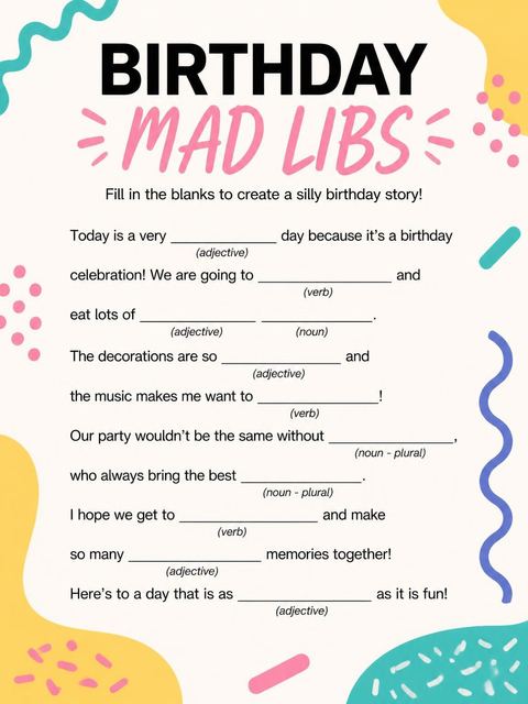 Mad libs in the 90s Memphis Abstract Birthday Invitation design