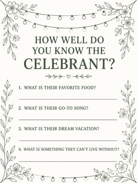 Couples trivia card in the Olive Floral String Light 30th Birthday design