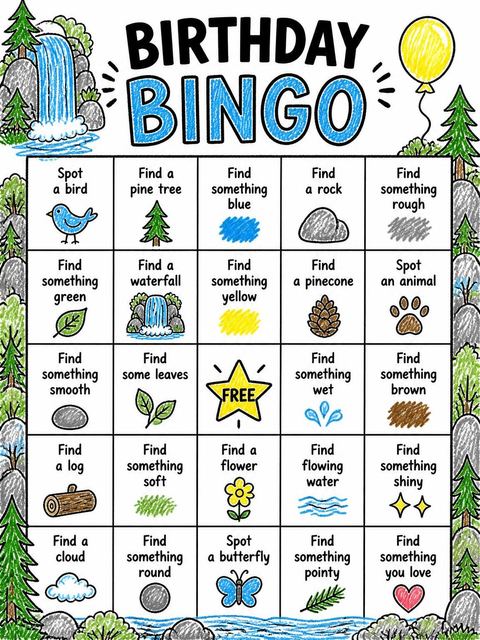 Bingo grid in the Crayon Waterfall Forest 3rd Birthday design