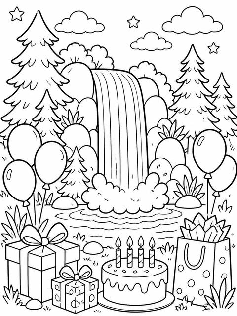 Coloring sheet in the Crayon Waterfall Forest 3rd Birthday design