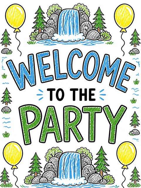Welcome sign in the Crayon Waterfall Forest 3rd Birthday design