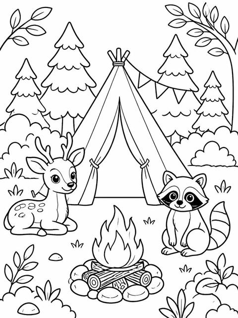 Coloring sheet in the Forest Tent Camping 5th Birthday Invitation design