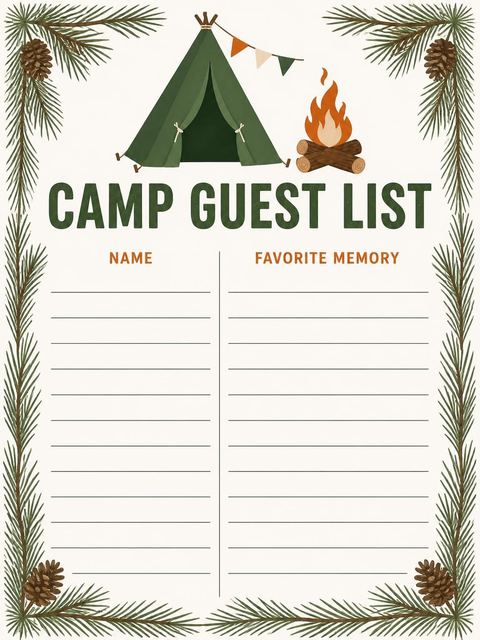 Guest sign-in sheet in the Forest Tent Camping 5th Birthday Invitation design