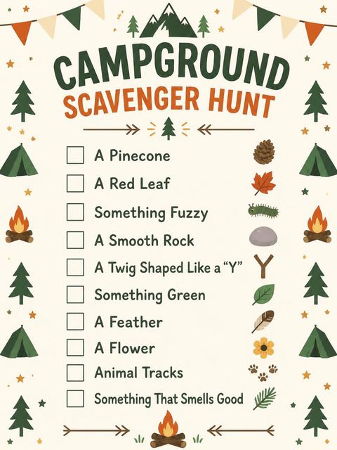 Scavenger hunt in the Forest Tent Camping 5th Birthday Invitation design