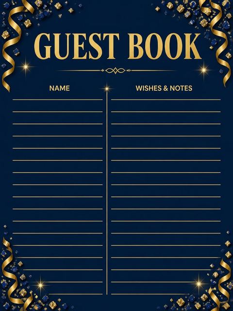 Guest sign-in sheet in the Navy Velvet Gold Streamer 60th Birthday design