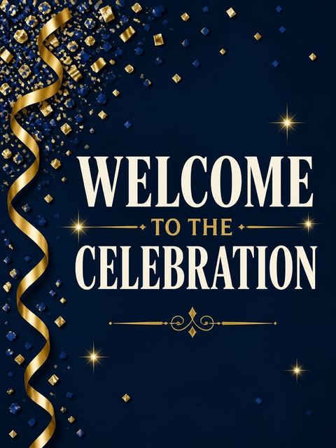 Welcome sign in the Navy Velvet Gold Streamer 60th Birthday design