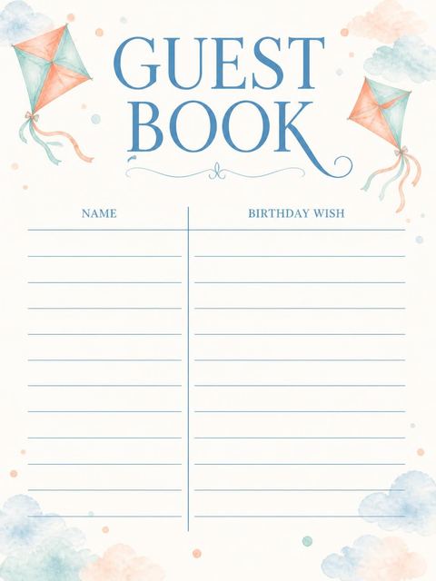Guest sign-in sheet in the Peach and Blue Kite 5th Birthday design