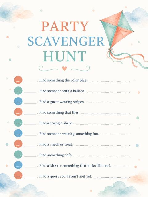 Scavenger hunt in the Peach and Blue Kite 5th Birthday design