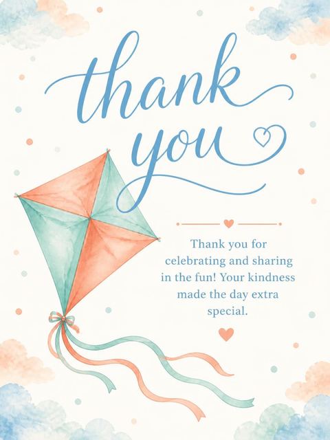 Thank-you flat in the Peach and Blue Kite 5th Birthday design