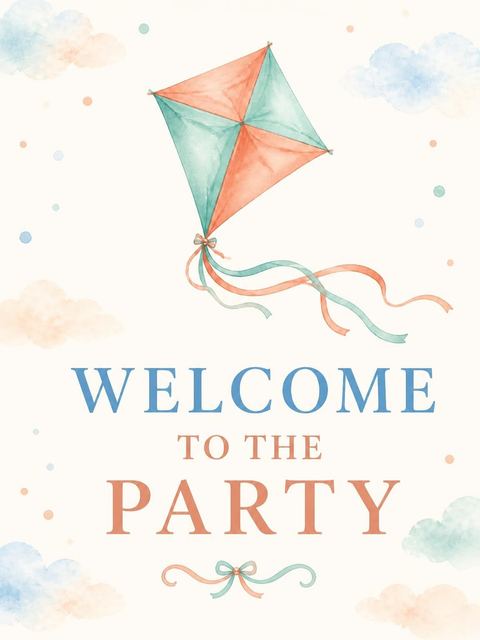Welcome sign in the Peach and Blue Kite 5th Birthday design