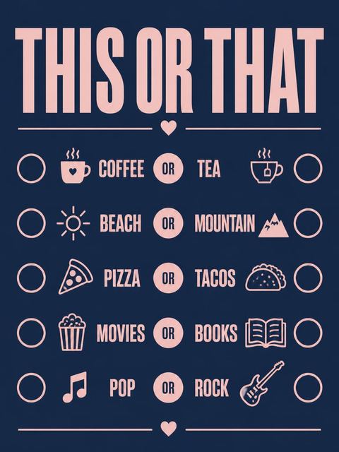 This-or-that card in the Navy and Blush Typographic 16th Birthday design