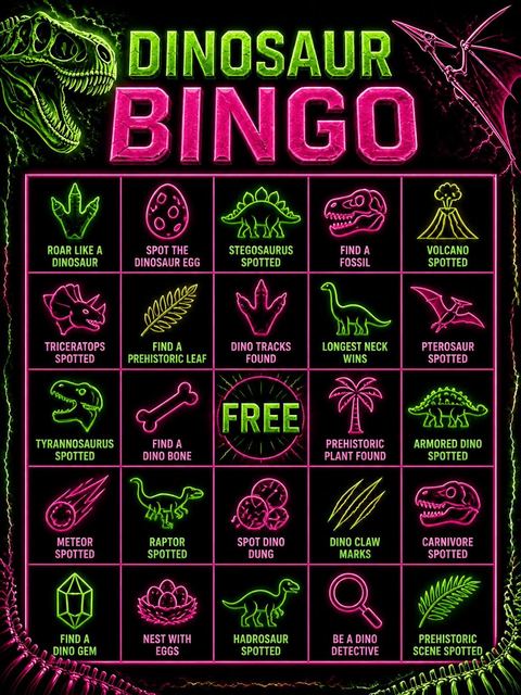 Bingo grid in the Neon Dino Skeleton 12th Birthday Invitation design