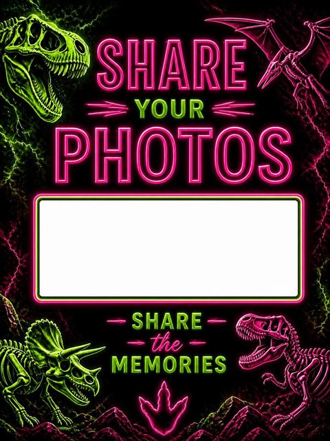 Hashtag card in the Neon Dino Skeleton 12th Birthday Invitation design