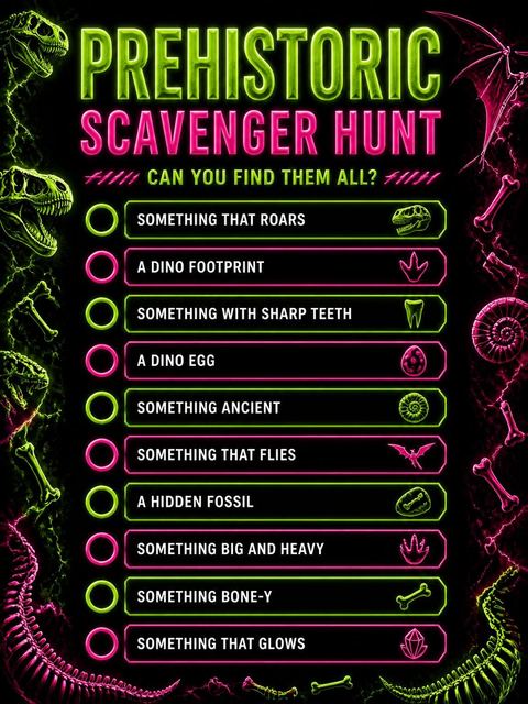 Scavenger hunt in the Neon Dino Skeleton 12th Birthday Invitation design