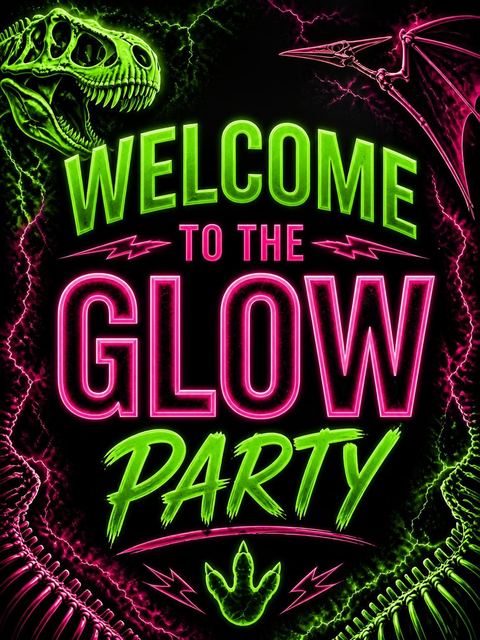 Welcome sign in the Neon Dino Skeleton 12th Birthday Invitation design