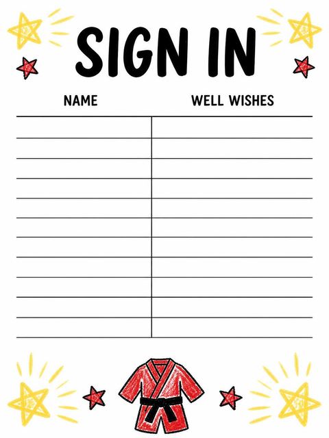 Guest sign-in sheet in the Crayon Karate Gi 9th Birthday design