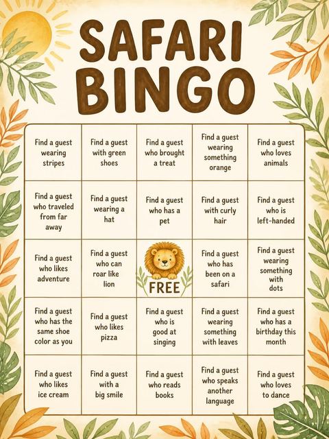 Bingo grid in the Watercolor Lion Safari 5th Birthday design