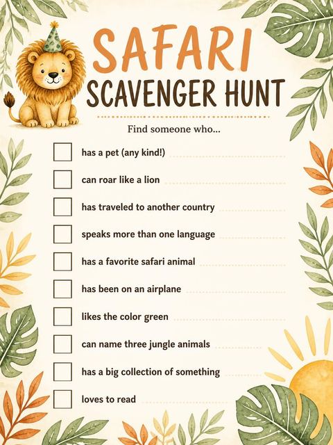 Scavenger hunt in the Watercolor Lion Safari 5th Birthday design