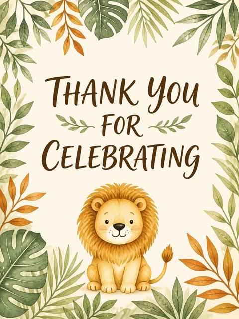 Thank-you flat in the Watercolor Lion Safari 5th Birthday design