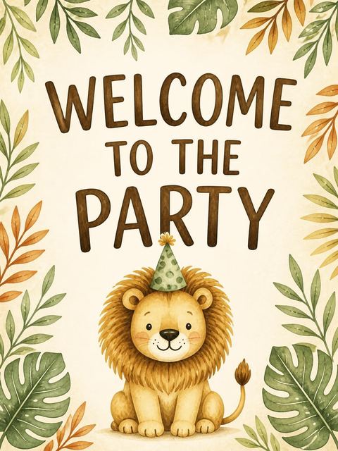 Welcome sign in the Watercolor Lion Safari 5th Birthday design