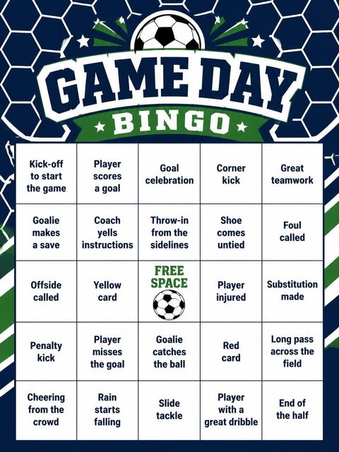 Bingo grid in the Navy Soccer Ball 5th Birthday design
